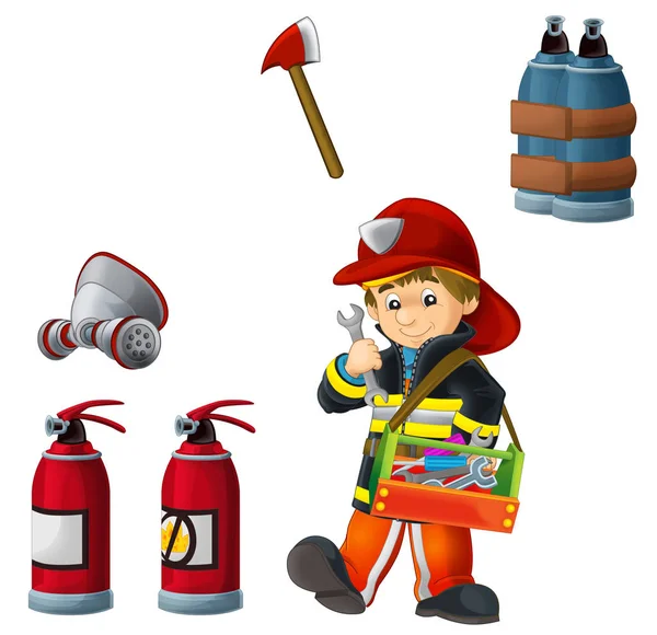 Cartoon happy and funny fireman working on white background with tools - illustration for children — Stock Photo, Image