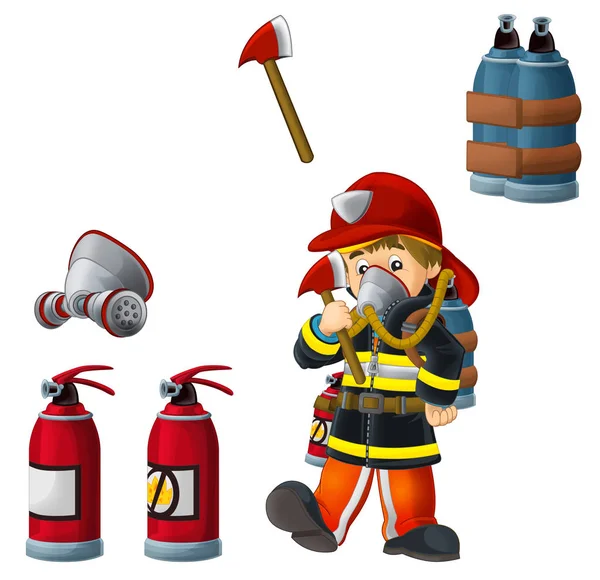 Kreslený veselý a zábavný hasič pracující na bílém pozadí s nástroji - ilustrace pro děti — Stock fotografie