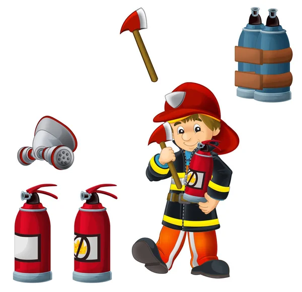 Dibujos animados bombero feliz y divertido trabajando sobre fondo blanco con herramientas - ilustración para los niños —  Fotos de Stock