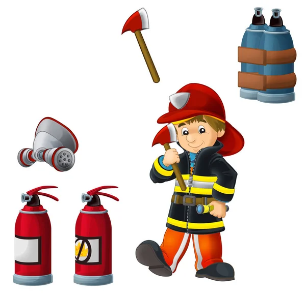 Dibujos animados bombero feliz y divertido trabajando sobre fondo blanco con herramientas - ilustración para los niños —  Fotos de Stock