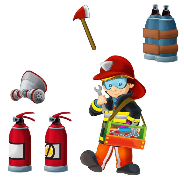 Dibujos animados bombero feliz y divertido trabajando sobre fondo blanco con herramientas - ilustración para los niños —  Fotos de Stock