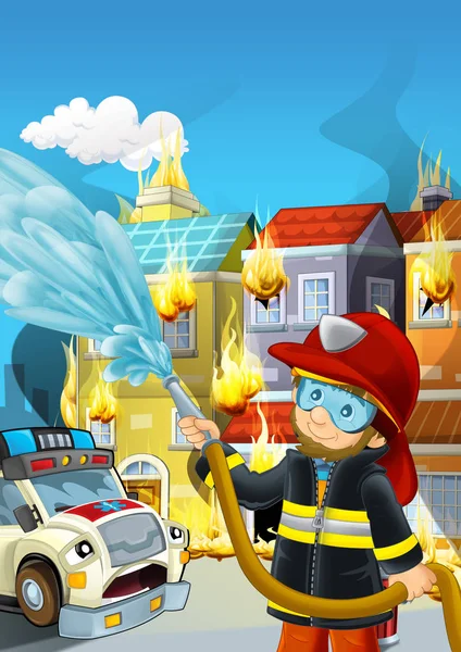 Scena dei cartoni animati con pompiere che lavorano vicino a qualche ambulanza e la costruzione sta bruciando illustrazione per i bambini — Foto Stock