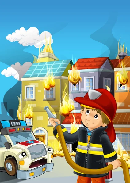 Rajzfilm jelenet tűzoltó dolgozik közelében néhány mentő és épület égő illusztráció gyerekeknek — Stock Fotó