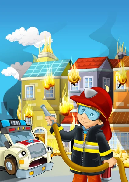 Cartoon scene with fireman working near some ambulance and building is burning illustration for children — Stock Photo, Image