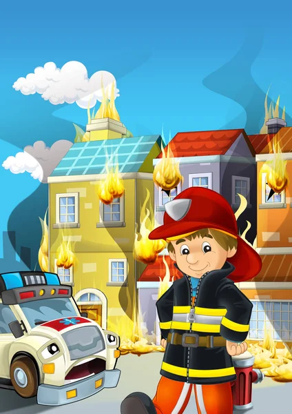 Cartoon scene with fireman working near some ambulance and building is burning illustration for children — Stock Photo, Image