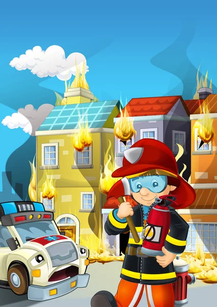구급차와 건물 근처에서 일하는 소방관 과 함께 작업하는 만화 장면은 어린이들을 위한 불타는 삽화이다 — 스톡 사진