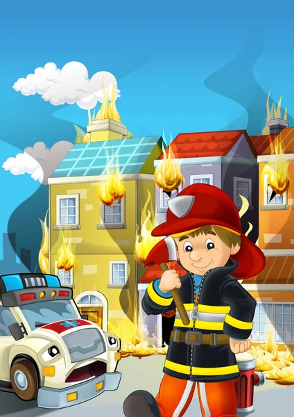 Pemadam kebakaran dan truk di tempat kerja memadamkan api 
