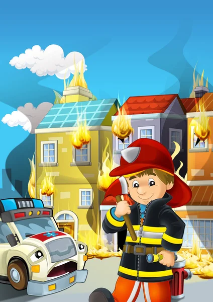 Kreslená scéna s hasičem pracující v blízkosti nějaké ambulance a budova hoří ilustrace pro děti — Stock fotografie