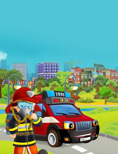 Мультяшна сцена з пожежною машиною на дорозі ілюстрація фо — стокове фото
