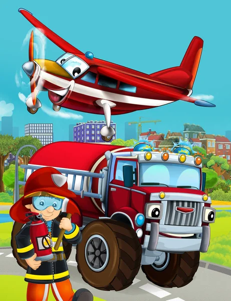 Cena dos desenhos animados com veículo bombeiro na estrada dirigindo através de t — Fotografia de Stock