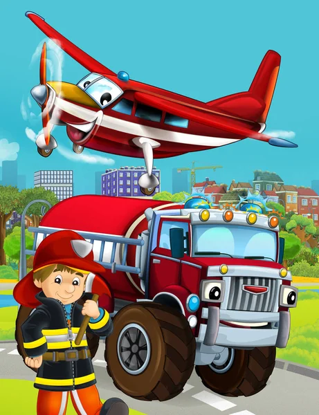 Cartoon scene with fireman vehicle on the road driving through t — Stock Photo, Image