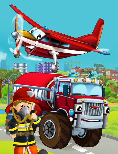 Cartoon-Szene mit Feuerwehrfahrzeug auf der Durchfahrt — Stockfoto