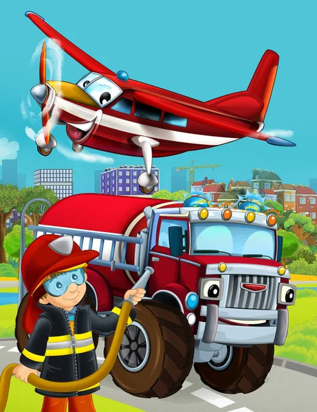 Kreslená scéna s hasičským vozidlem na silnici projíždějící t — Stock fotografie