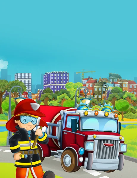 Tecknad scen med brandman fordon på vägen - illustration fo — Stockfoto