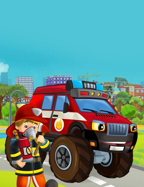 Scène de dessin animé avec véhicule pompier sur la route - illustration fo — Photo
