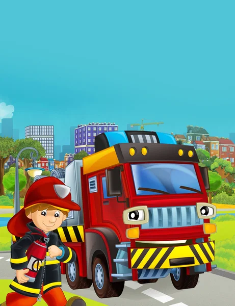 Cartoon scene with fireman vehicle on the road - illustration fo — Stock Photo, Image