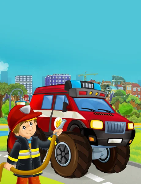 Мультфильм сцена с пожарным транспортным средством на дороге - иллюстрация к — стоковое фото
