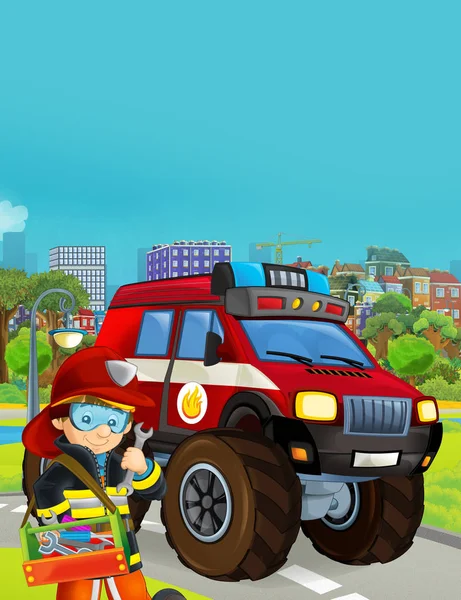 Мультяшна сцена з пожежною машиною на дорозі ілюстрація фо — стокове фото