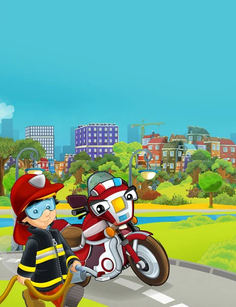 Escena de dibujos animados con vehículo bombero en la carretera - ilustración fo — Foto de Stock
