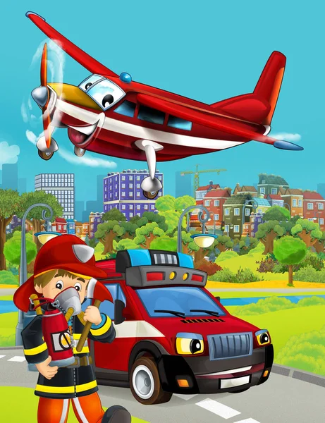 Cartoon scene with fireman vehicle on the road - illustration fo — Stock Photo, Image