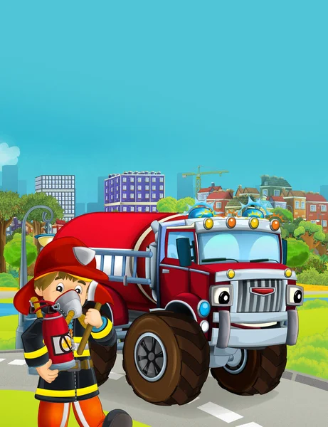 Scène de dessin animé avec véhicule pompier sur la route - illustration fo — Photo