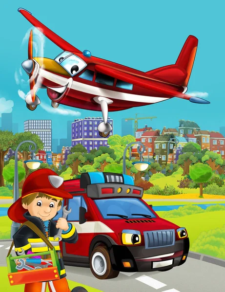 Cartoon scene with fireman vehicle on the road - illustration fo — Stock Photo, Image