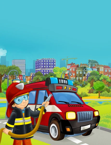 도로 삽화에 나오는 소방관 이 자동차를 타고 있는 만화 장면 — 스톡 사진