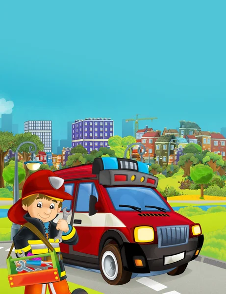 Cena cartoon com veículo bombeiro na estrada - ilustração fo — Fotografia de Stock