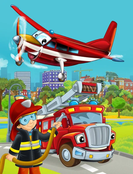 Zeichentrickszene mit Feuerwehrfahrzeug auf der Straße - Illustration — Stockfoto