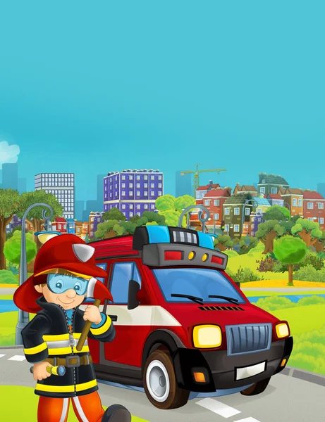 도로 삽화에 나오는 소방관 이 자동차를 타고 있는 만화 장면 — 스톡 사진