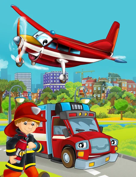 Cartoon scene with fireman vehicle on the road - illustration fo — Stock Photo, Image