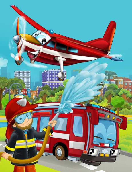 Zeichentrickszene mit Feuerwehrfahrzeug auf der Straße - Illustration — Stockfoto