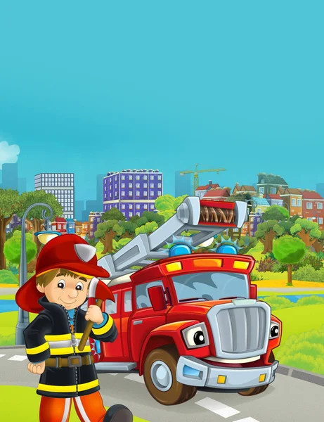 Kreslená scéna s hasičským vozidlem na silnici - ilustrace fo — Stock fotografie