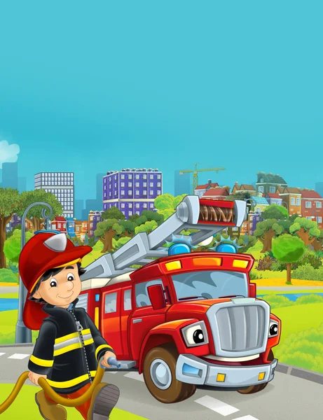 Cartoon scene with fireman vehicle on the road - illustration fo — Stock Photo, Image