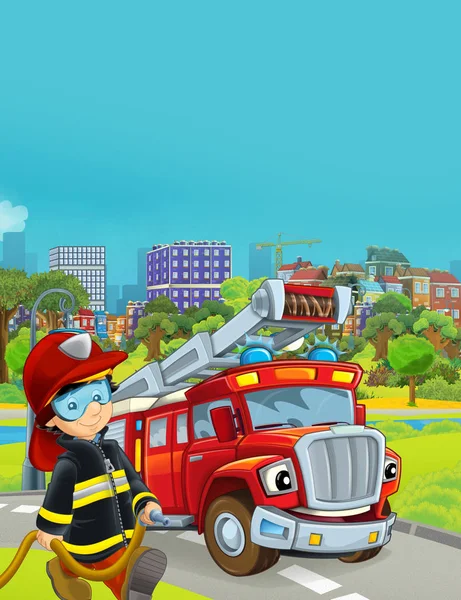 Cartoon scene with fireman vehicle on the road - illustration fo — Stock Photo, Image