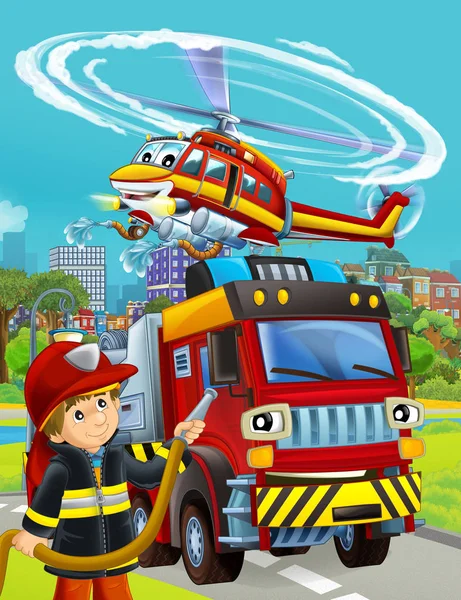 Tecknad scen med brandman fordon på vägen - illustration fo — Stockfoto