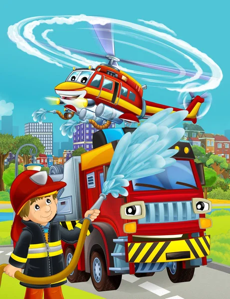 Cartoon scene with fireman vehicle on the road - illustration fo — Stock Photo, Image