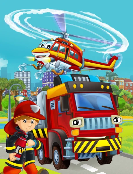 Escena de dibujos animados con vehículo bombero en la carretera - ilustración fo —  Fotos de Stock