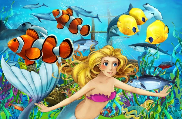 Cartoon ocean and the mermaid in underwater kingdom swimming with fishes - illustration for children — Stock Photo, Image