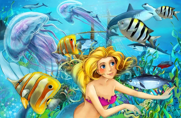 Γελοιογραφία ωκεανό και η γοργόνα στο βασίλειο υποθαλάσσια κολύμπι με ψάρια - εικονογράφησης για παιδιά — Φωτογραφία Αρχείου
