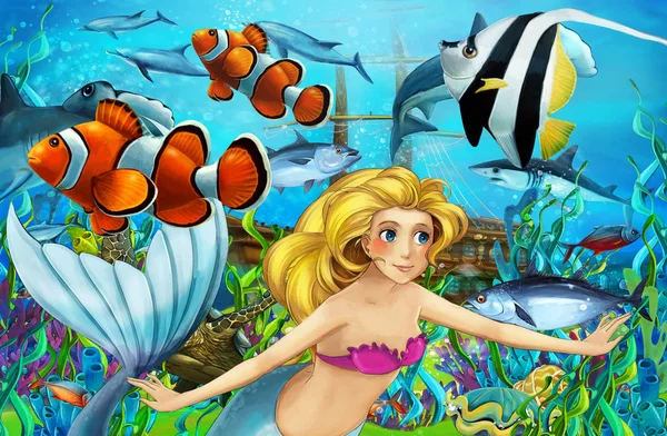 Cartoon ocean and the mermaid in underwater kingdom swimming with fishes - illustration for children — Stock Photo, Image