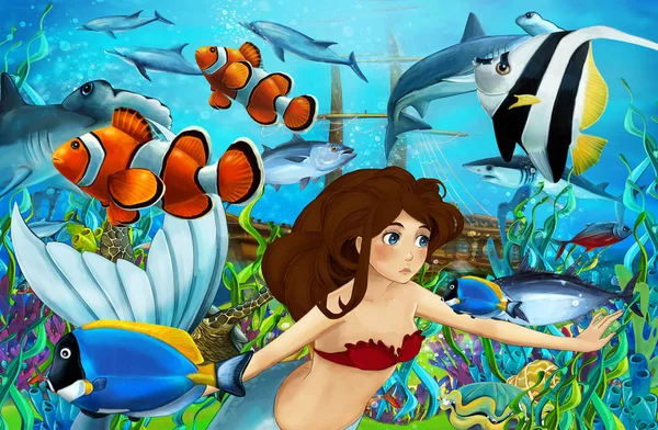 Cartoon ocean and the mermaid in underwater kingdom swimming with fishes - illustration for children