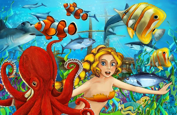 Cartoon ocean and the mermaid in underwater kingdom swimming with fishes - illustration for children — Stock Photo, Image