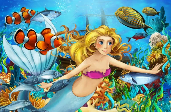 Cartoon ocean and the mermaid in underwater kingdom swimming with fishes - illustration for children