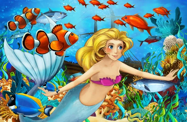 Oceano dos desenhos animados e a sereia no reino subaquático nadando com peixes - ilustração para crianças — Fotografia de Stock