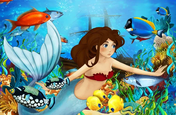 Oceano dos desenhos animados e a sereia no reino subaquático nadando com peixes - ilustração para crianças — Fotografia de Stock