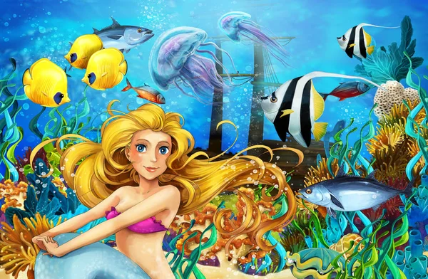 El océano de dibujos animados y la sirena en el reino submarino nadando con peces - ilustración para niños — Foto de Stock