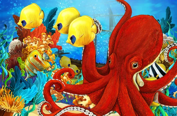 Animales de la escena de dibujos animados nadando en el colorido y brillante arrecife de coral - ilustración para niños —  Fotos de Stock