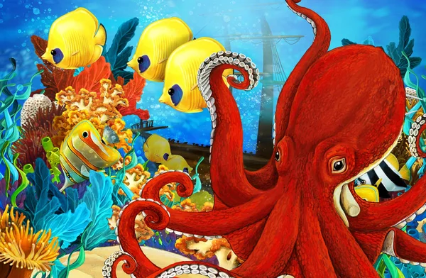 Animales de la escena de dibujos animados nadando en el colorido y brillante arrecife de coral - ilustración para niños —  Fotos de Stock