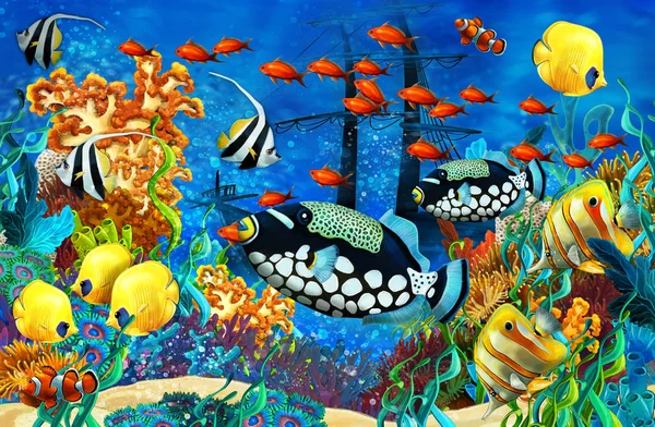 Мультяшна сцена тварин, які плавають на барвистому і яскравому кораловому рифі ілюстрація для дітей — стокове фото